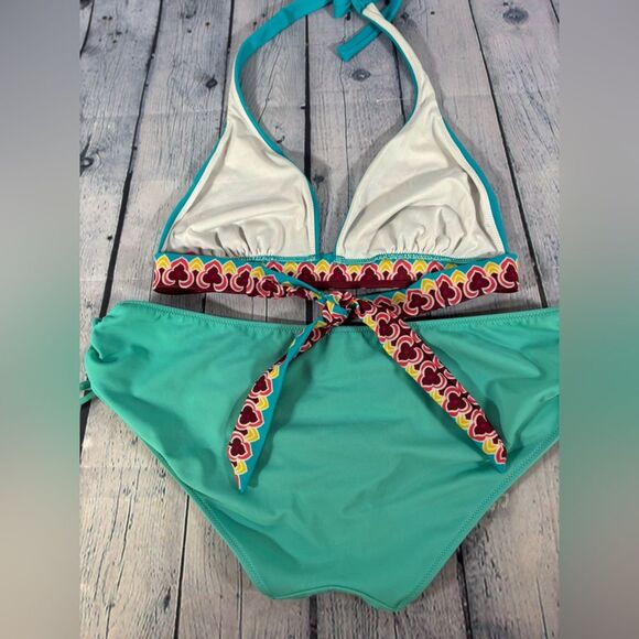 VINTAGE Victoria’s Secret Teal Mandela Boho Halter Top and Solid Bottom Bikini M - Picture 6 of 9